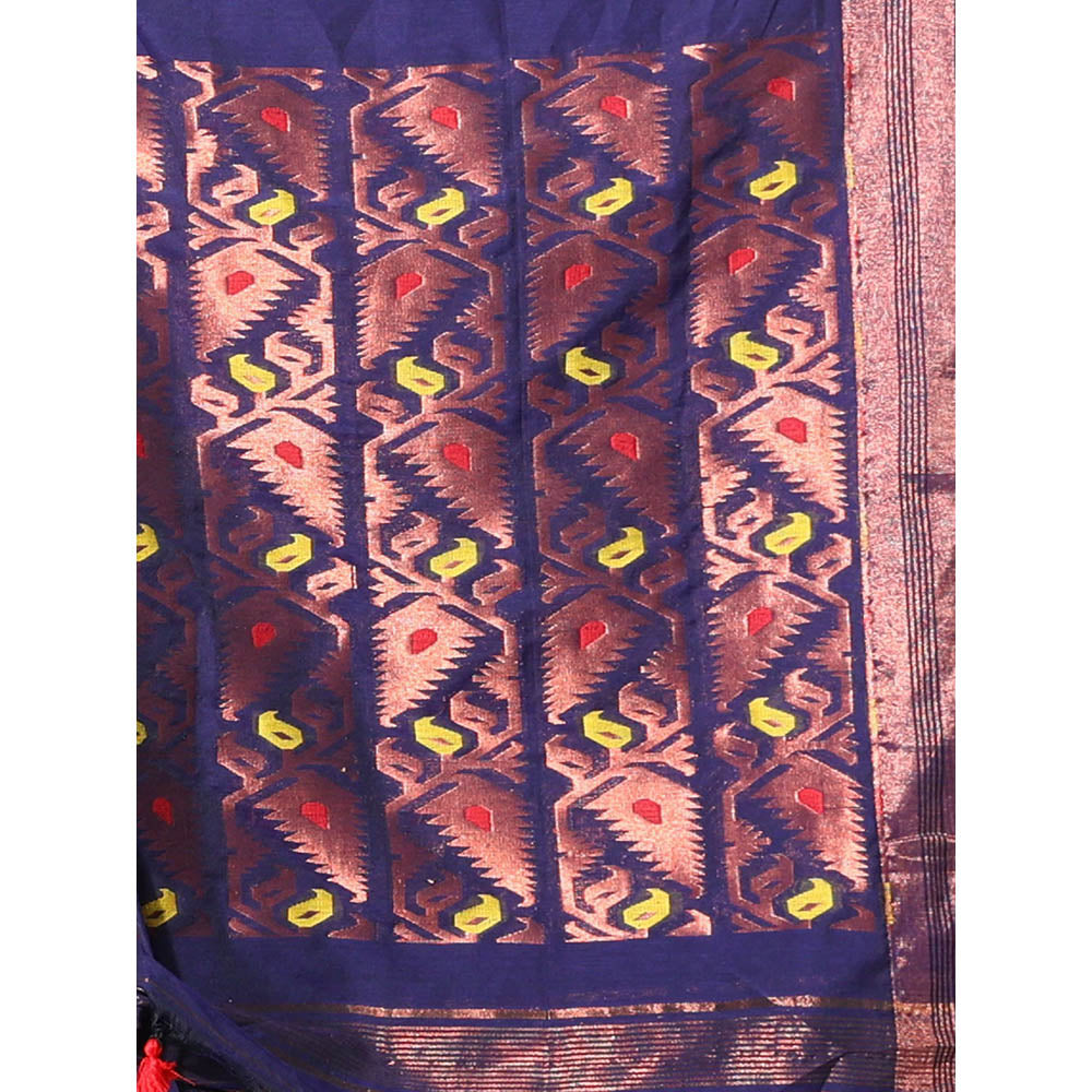 CHARUKRITI Blue Cotton Handspun Saree with Jamdani Designs Pallu with Unstitched Blouse