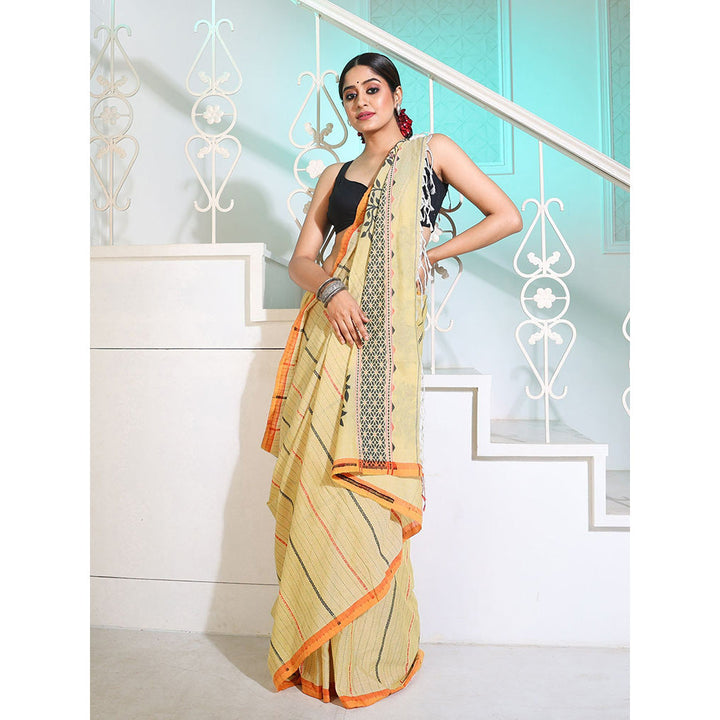 CHARUKRITI Yellow Cotton Handspun Saree with Stripes and Nakshi Pattern with Unstitched Blouse