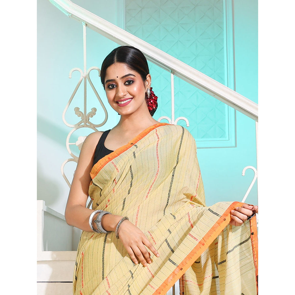 CHARUKRITI Yellow Cotton Handspun Saree with Stripes and Nakshi Pattern with Unstitched Blouse