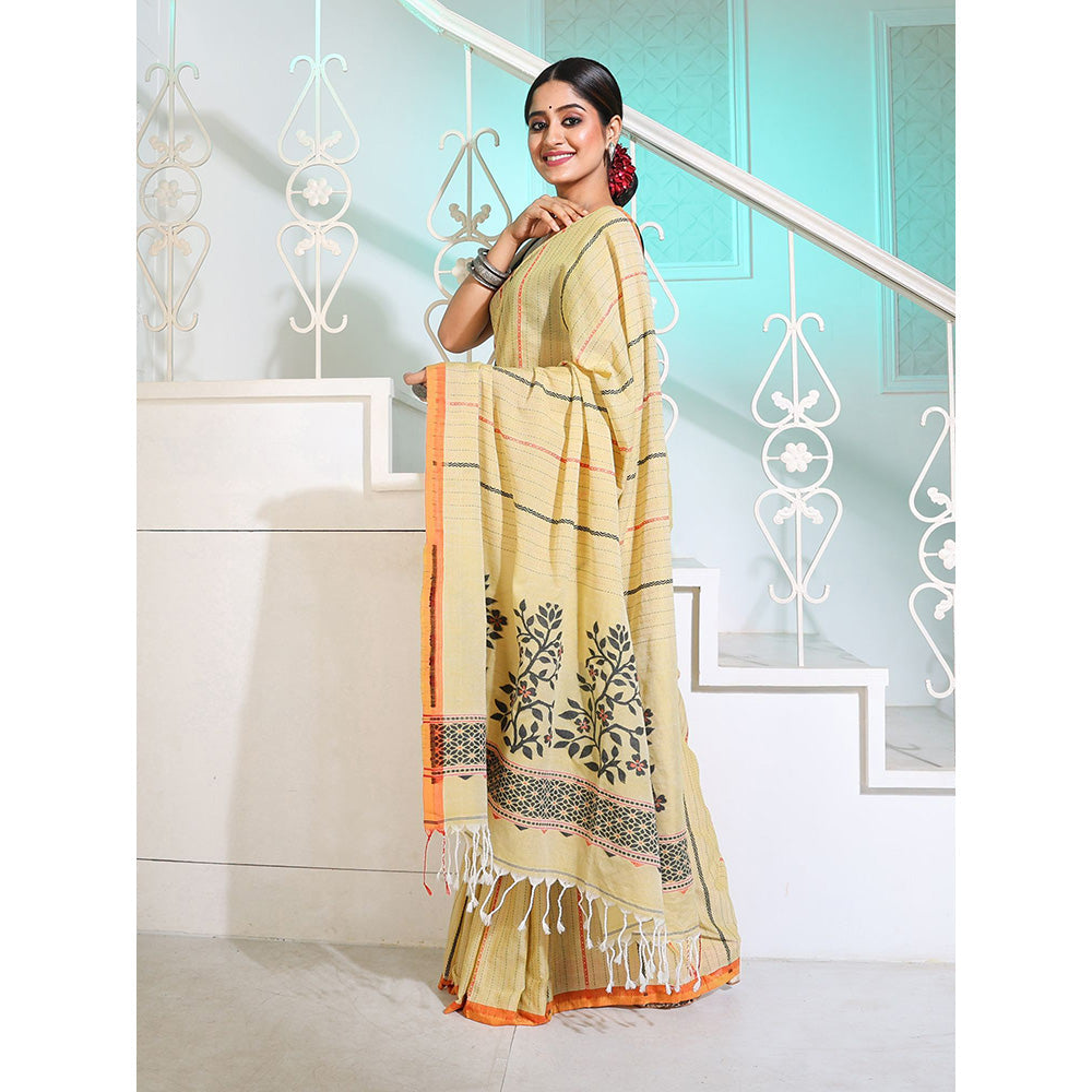 CHARUKRITI Yellow Cotton Handspun Saree with Stripes and Nakshi Pattern with Unstitched Blouse