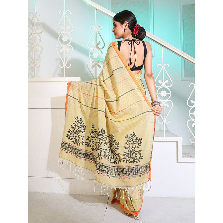 CHARUKRITI Yellow Cotton Handspun Saree with Stripes and Nakshi Pattern with Unstitched Blouse