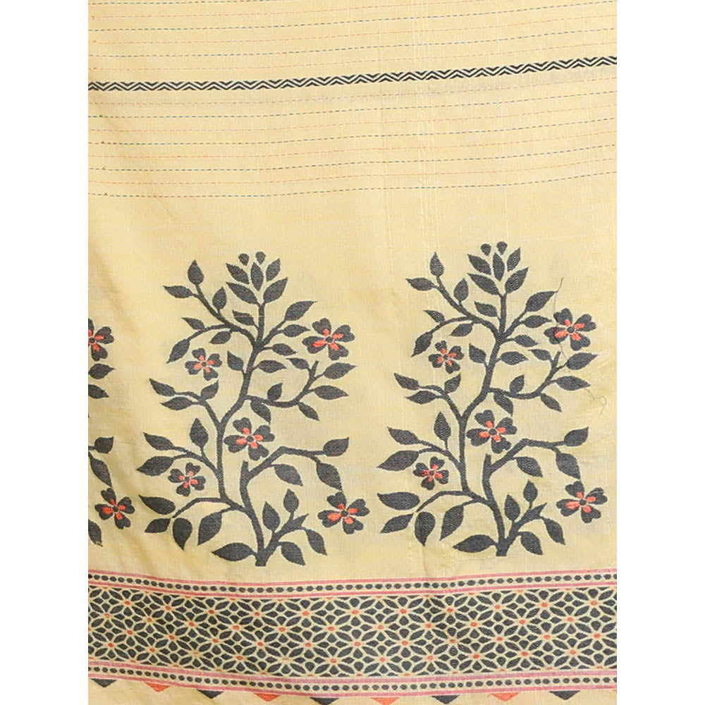 CHARUKRITI Yellow Cotton Handspun Saree with Stripes and Nakshi Pattern with Unstitched Blouse