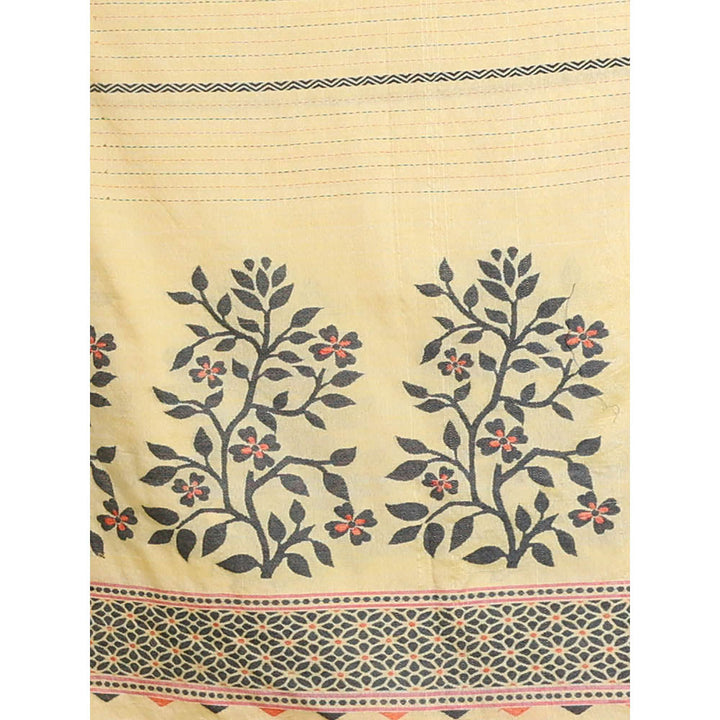 CHARUKRITI Yellow Cotton Handspun Saree with Stripes and Nakshi Pattern with Unstitched Blouse