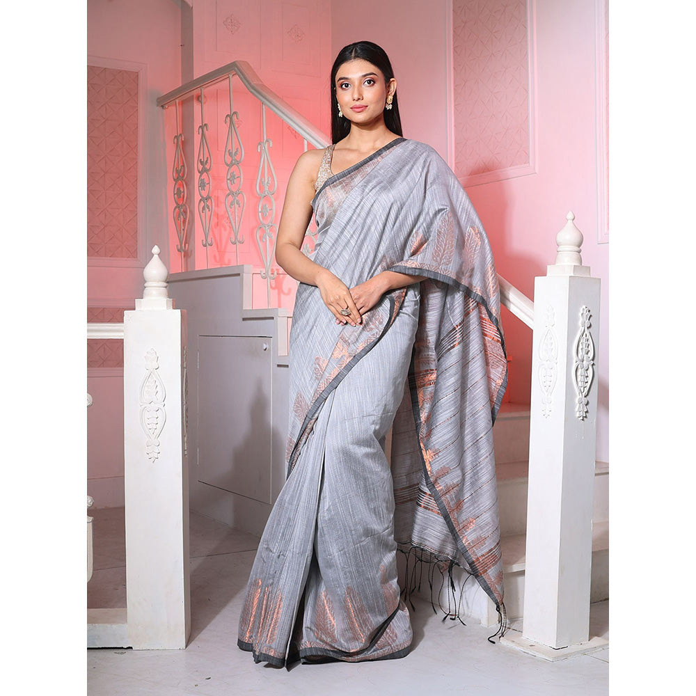 CHARUKRITI Grey Cotton Silk Handwoven Saree with Texture Borders with Unstitched Blouse