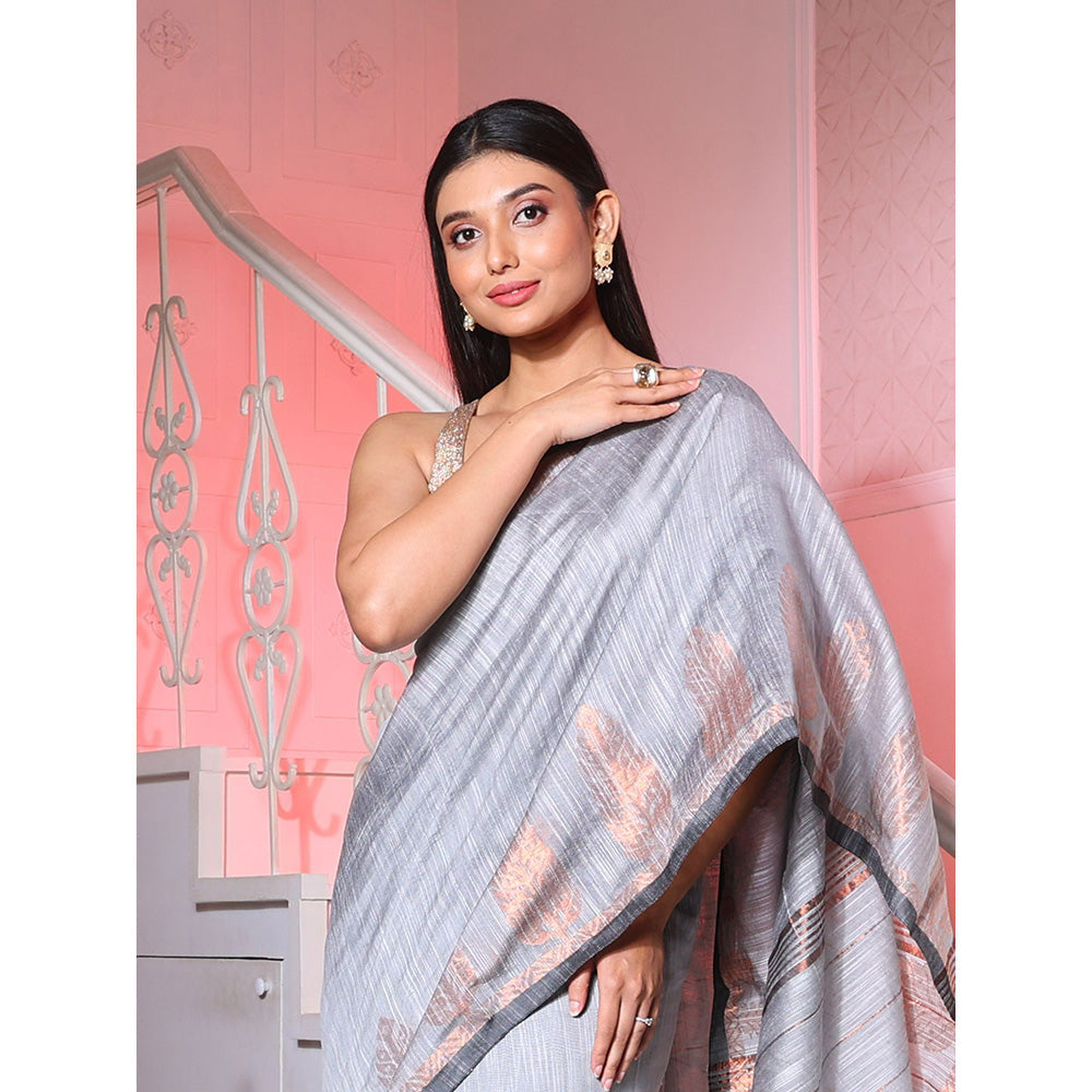 CHARUKRITI Grey Cotton Silk Handwoven Saree with Texture Borders with Unstitched Blouse