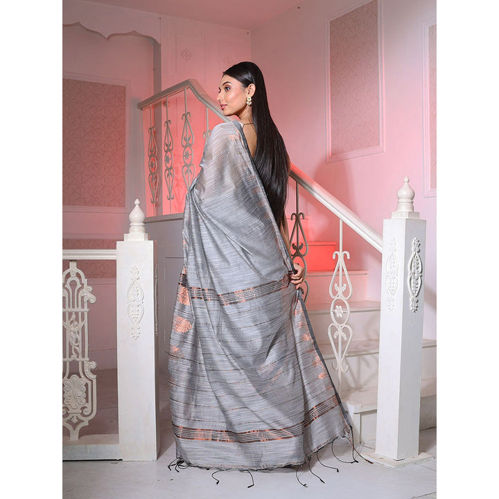 CHARUKRITI Grey Cotton Silk Handwoven Saree with Texture Borders with Unstitched Blouse