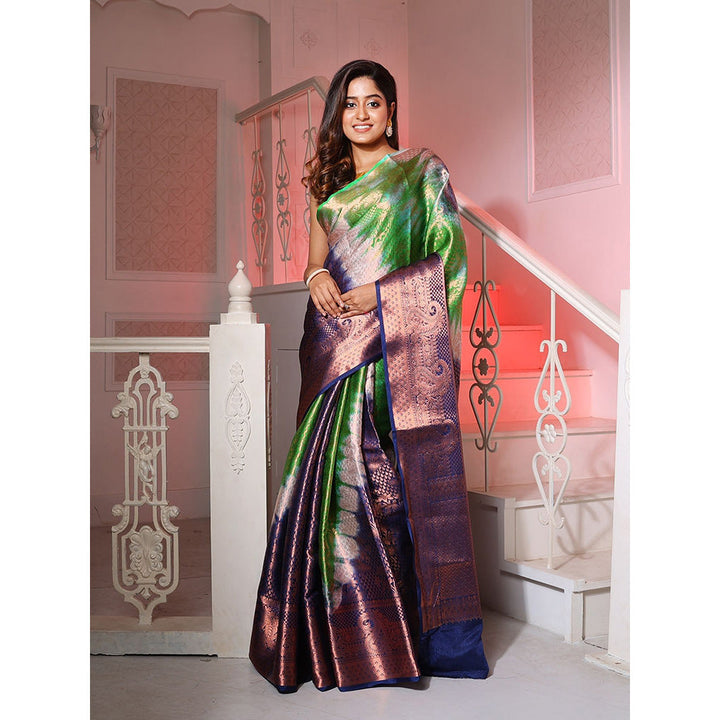 CHARUKRITI Green & Blue Brocade Silk Shibori Print 3D Saree with Unstitched Blouse