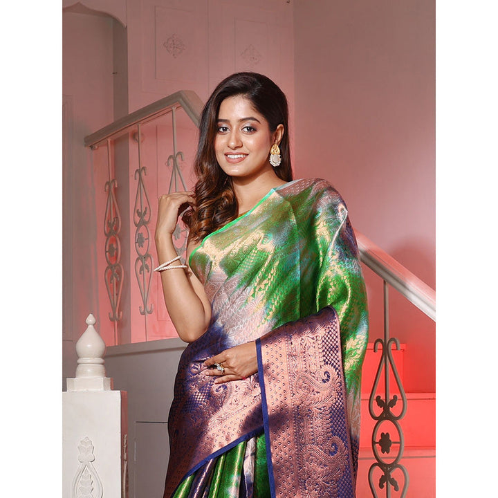 CHARUKRITI Green & Blue Brocade Silk Shibori Print 3D Saree with Unstitched Blouse