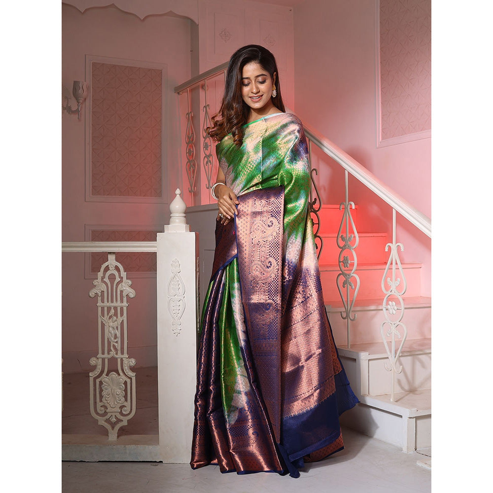 CHARUKRITI Green & Blue Brocade Silk Shibori Print 3D Saree with Unstitched Blouse