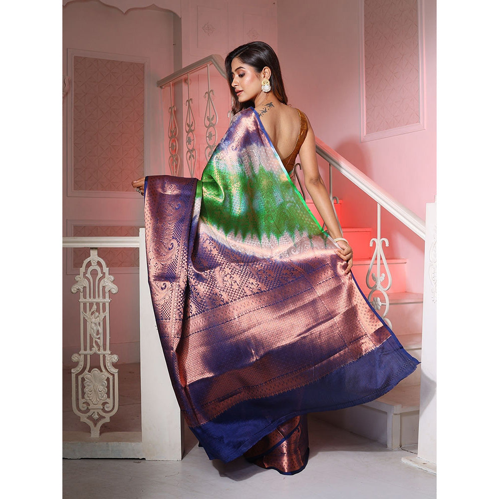 CHARUKRITI Green & Blue Brocade Silk Shibori Print 3D Saree with Unstitched Blouse