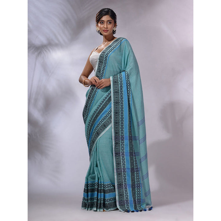 CHARUKRITI Sea Green Cotton Handwoven Saree with Unstitched Blouse and Texture Borders