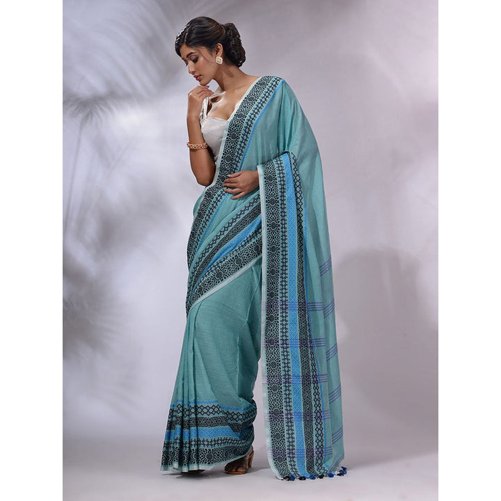 CHARUKRITI Sea Green Cotton Handwoven Saree with Unstitched Blouse and Texture Borders