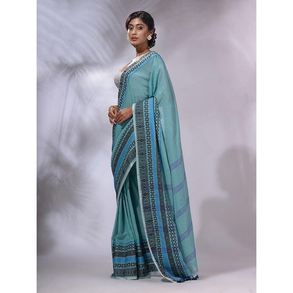 CHARUKRITI Sea Green Cotton Handwoven Saree with Unstitched Blouse and Texture Borders