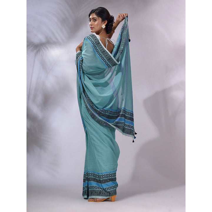 CHARUKRITI Sea Green Cotton Handwoven Saree with Unstitched Blouse and Texture Borders