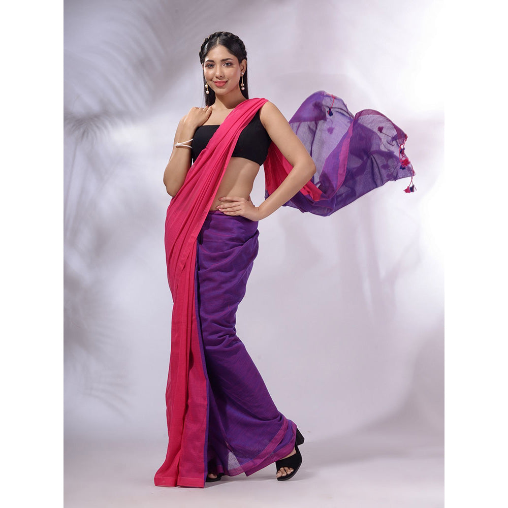 CHARUKRITI Pink And Purple Cotton Handwoven Patli Pallu Saree with Unstitched Blouse