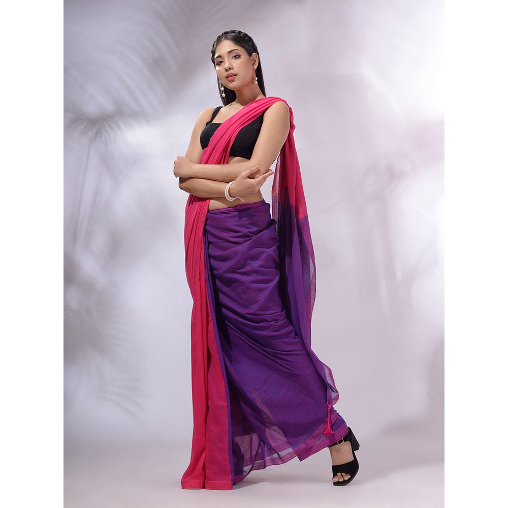 CHARUKRITI Pink And Purple Cotton Handwoven Patli Pallu Saree with Unstitched Blouse