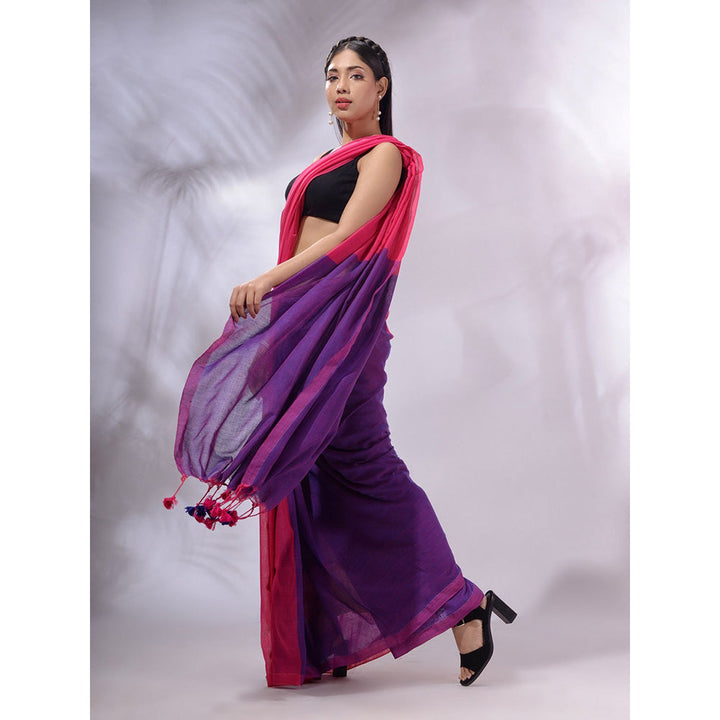 CHARUKRITI Pink And Purple Cotton Handwoven Patli Pallu Saree with Unstitched Blouse