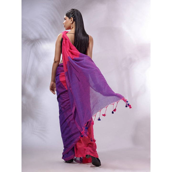 CHARUKRITI Pink And Purple Cotton Handwoven Patli Pallu Saree with Unstitched Blouse