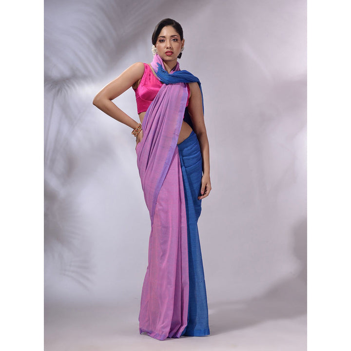 CHARUKRITI Pink And Sapphire Blue Cotton Handwoven Patli Pallu Saree with Unstitched Blouse