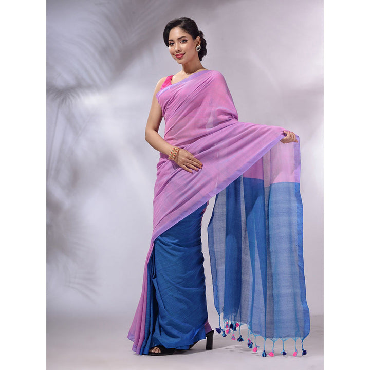 CHARUKRITI Pink And Sapphire Blue Cotton Handwoven Patli Pallu Saree with Unstitched Blouse