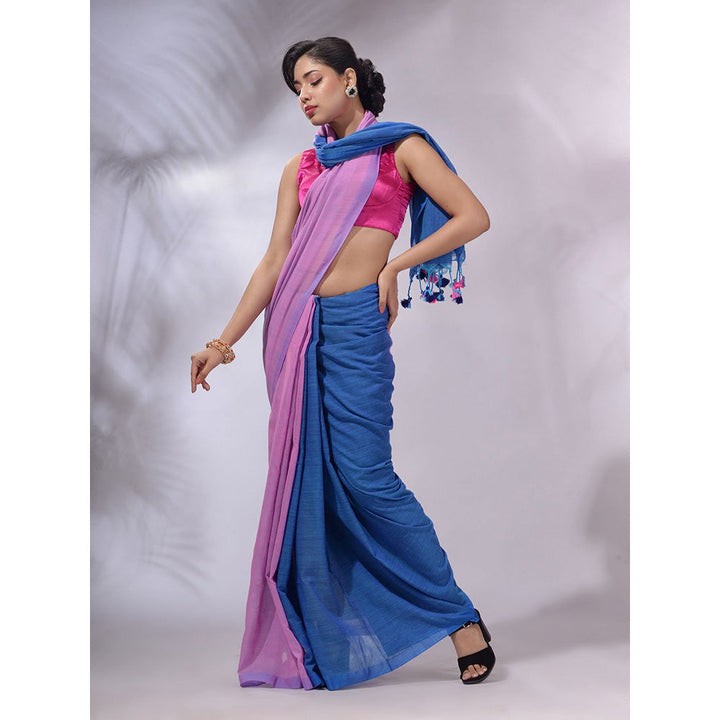 CHARUKRITI Pink And Sapphire Blue Cotton Handwoven Patli Pallu Saree with Unstitched Blouse