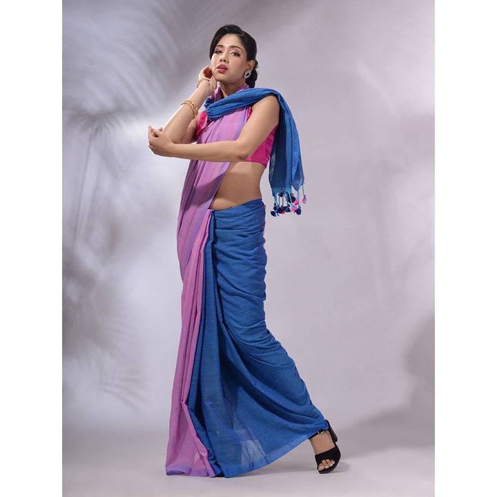 CHARUKRITI Pink And Sapphire Blue Cotton Handwoven Patli Pallu Saree with Unstitched Blouse