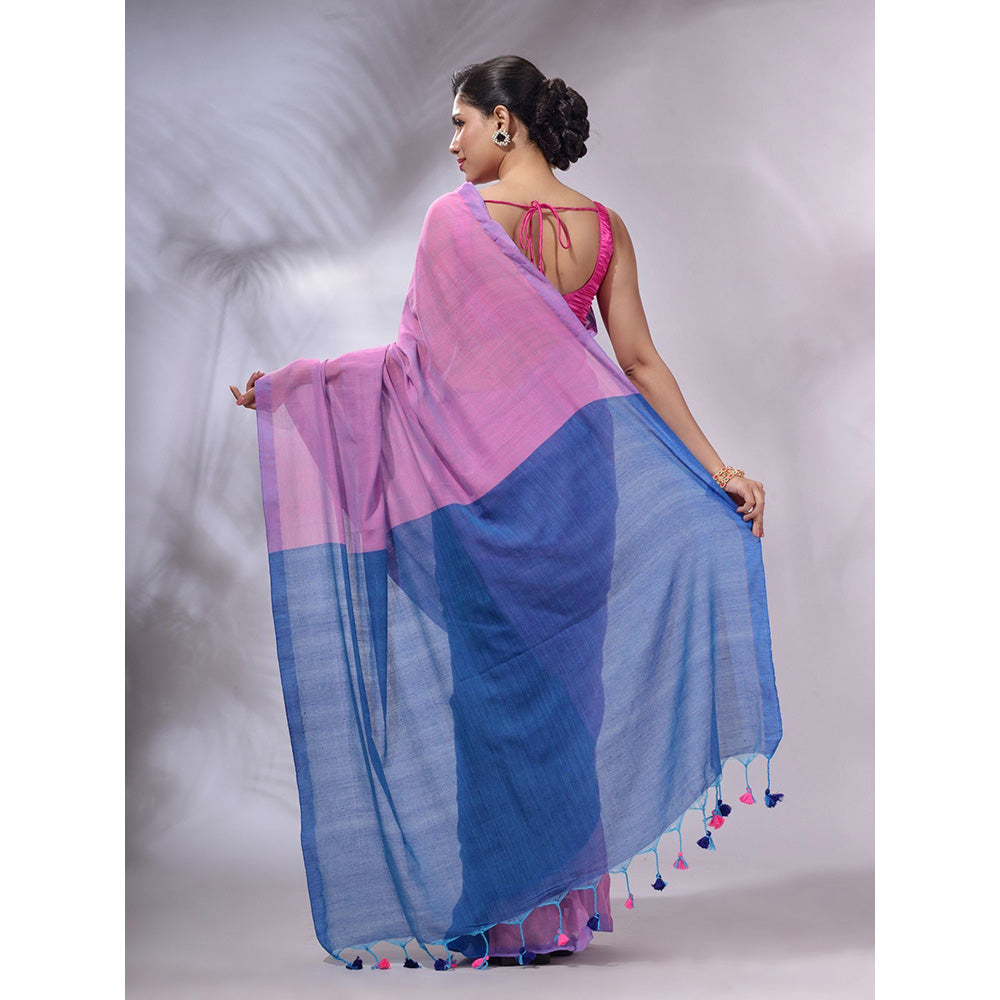 CHARUKRITI Pink And Sapphire Blue Cotton Handwoven Patli Pallu Saree with Unstitched Blouse