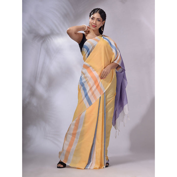 CHARUKRITI Multicolor Cotton Stripes Handwoven Soft Saree with Unstitched Blouse