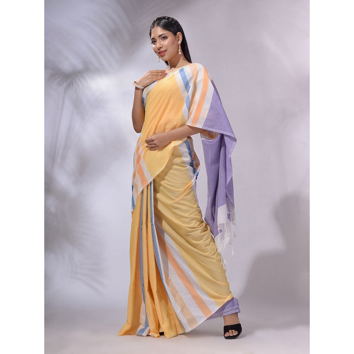 CHARUKRITI Multicolor Cotton Stripes Handwoven Soft Saree with Unstitched Blouse