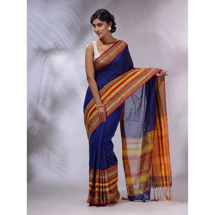 CHARUKRITI Blue Cotton Silk Handwoven Saree with Unstitched Blouse and Nakshi Borders