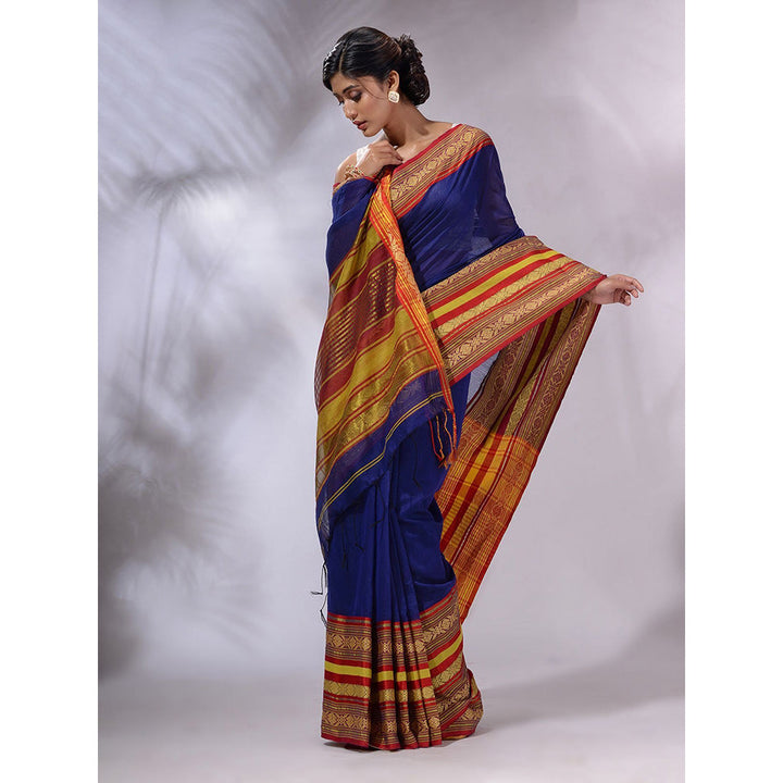 CHARUKRITI Blue Cotton Silk Handwoven Saree with Unstitched Blouse and Nakshi Borders