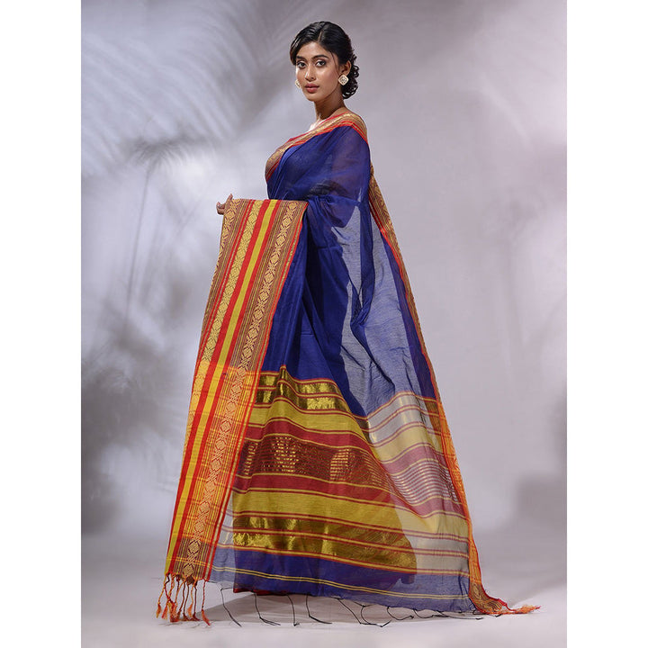 CHARUKRITI Blue Cotton Silk Handwoven Saree with Unstitched Blouse and Nakshi Borders