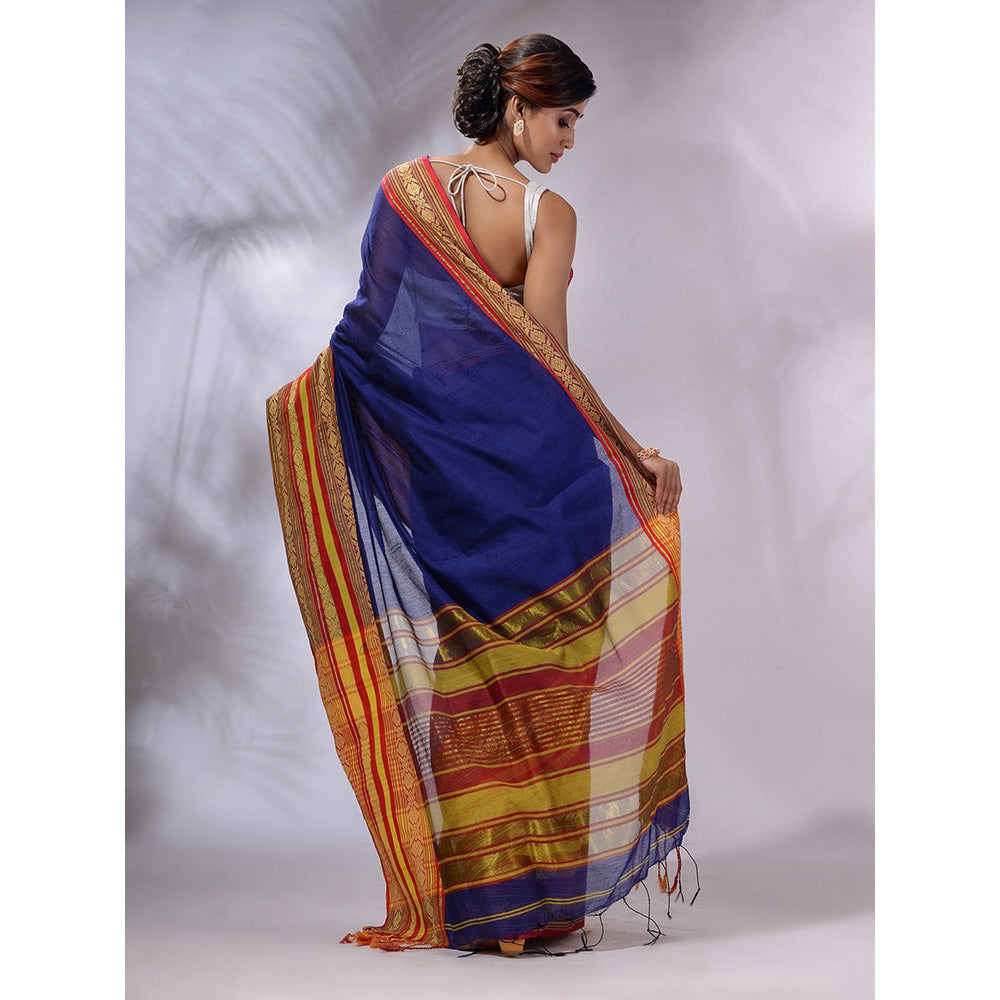 CHARUKRITI Blue Cotton Silk Handwoven Saree with Unstitched Blouse and Nakshi Borders