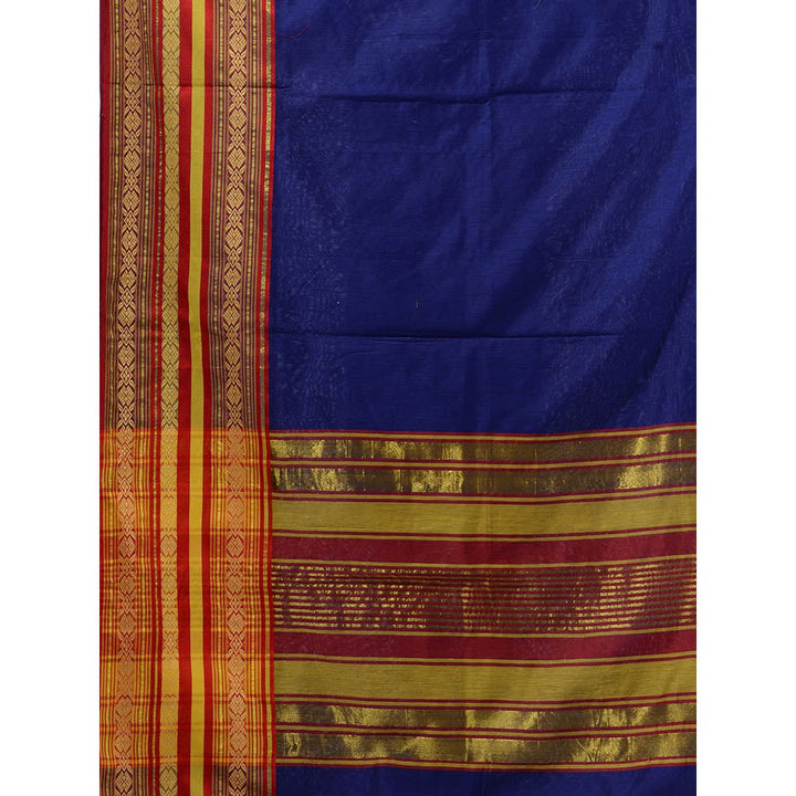 CHARUKRITI Blue Cotton Silk Handwoven Saree with Unstitched Blouse and Nakshi Borders