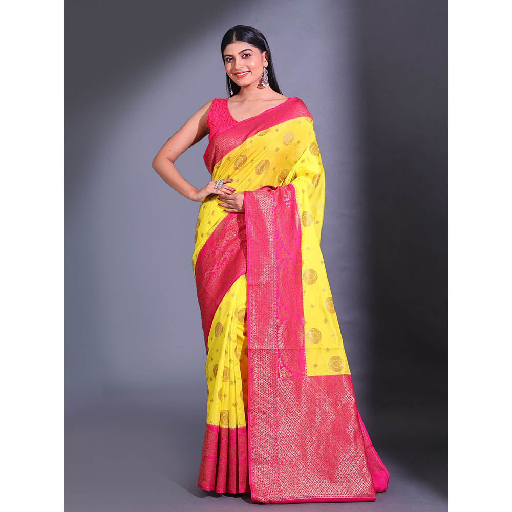 CHARUKRITI Yellow Dupion Silk Handwoven Zari Geometric Paisley Pattern Saree with Unstitched Blouse