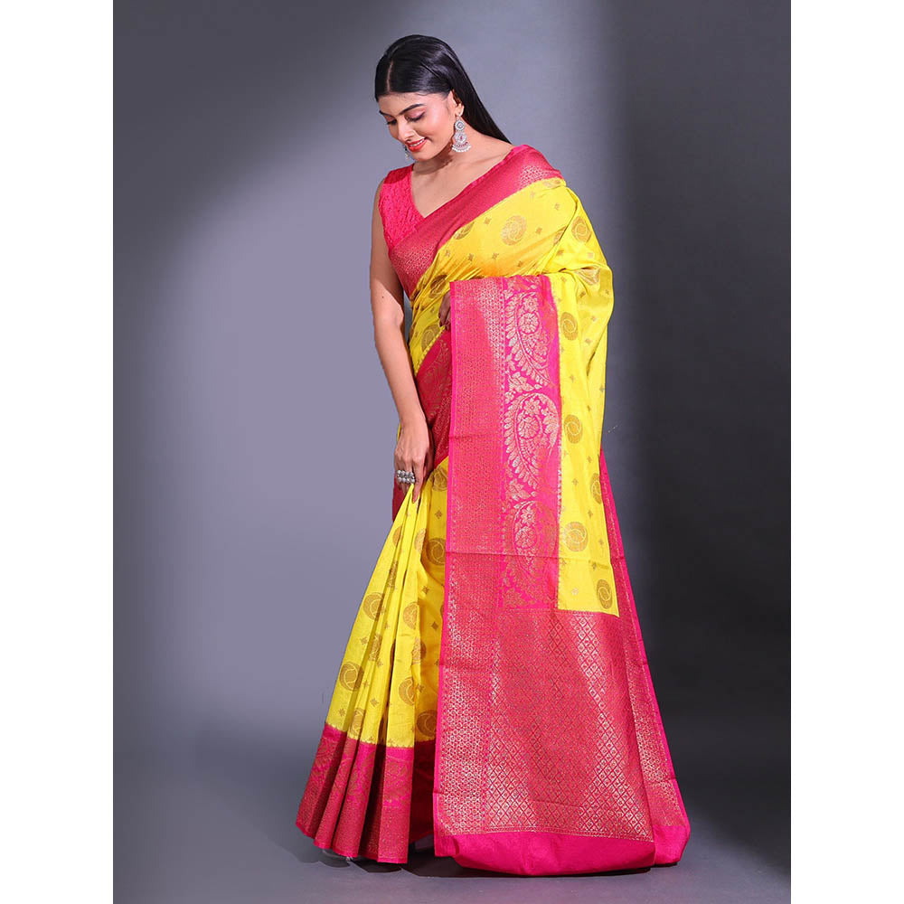 CHARUKRITI Yellow Dupion Silk Handwoven Zari Geometric Paisley Pattern Saree with Unstitched Blouse