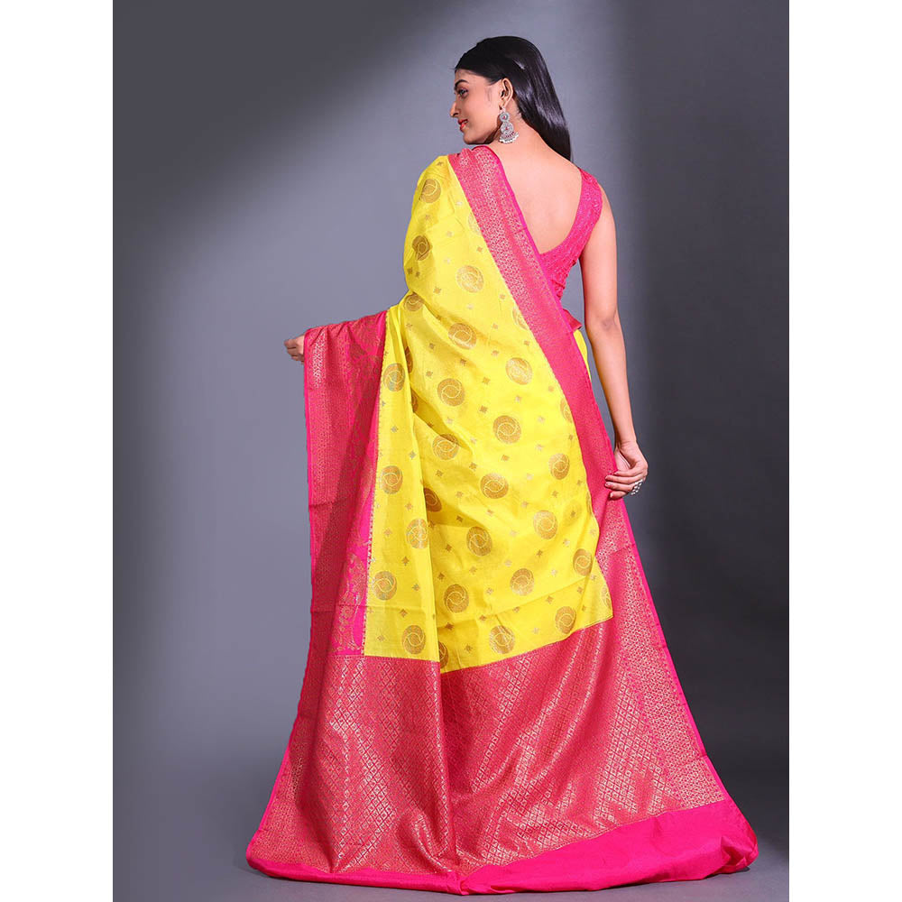 CHARUKRITI Yellow Dupion Silk Handwoven Zari Geometric Paisley Pattern Saree with Unstitched Blouse