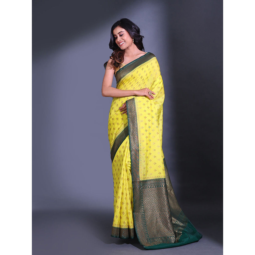 CHARUKRITI Yellow Dupion Silk Handwoven Zari Floral Pattern Saree with Unstitched Blouse