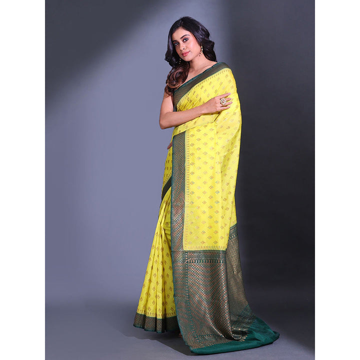 CHARUKRITI Yellow Dupion Silk Handwoven Zari Floral Pattern Saree with Unstitched Blouse