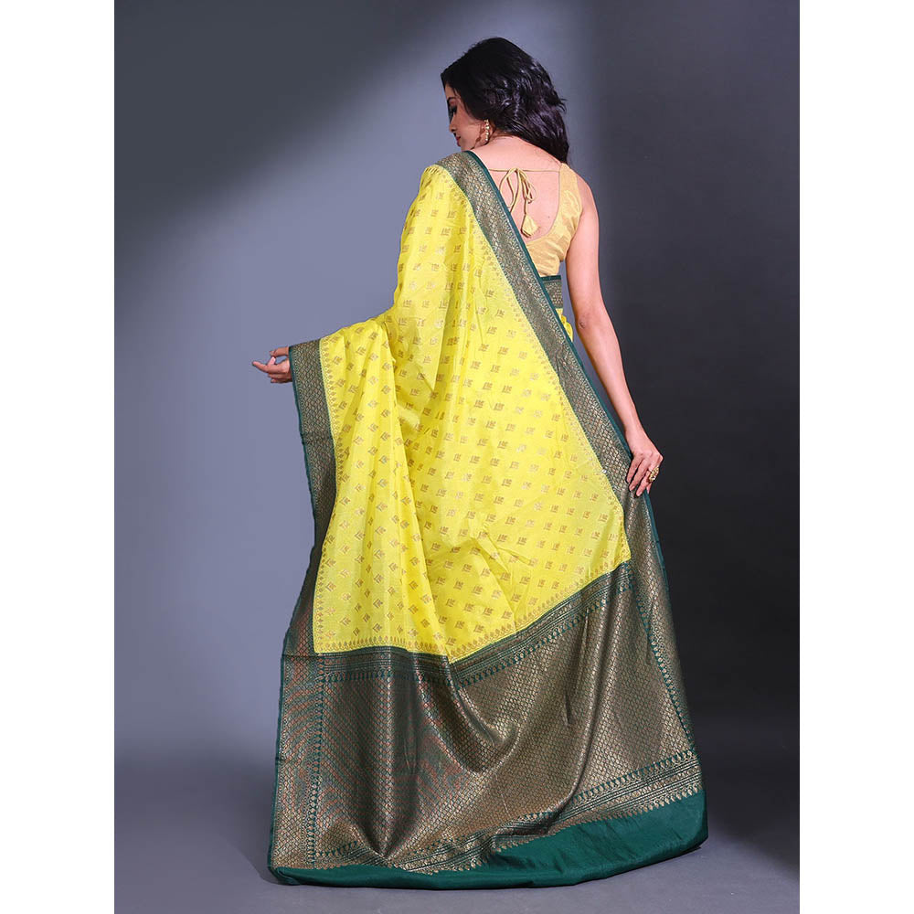 CHARUKRITI Yellow Dupion Silk Handwoven Zari Floral Pattern Saree with Unstitched Blouse