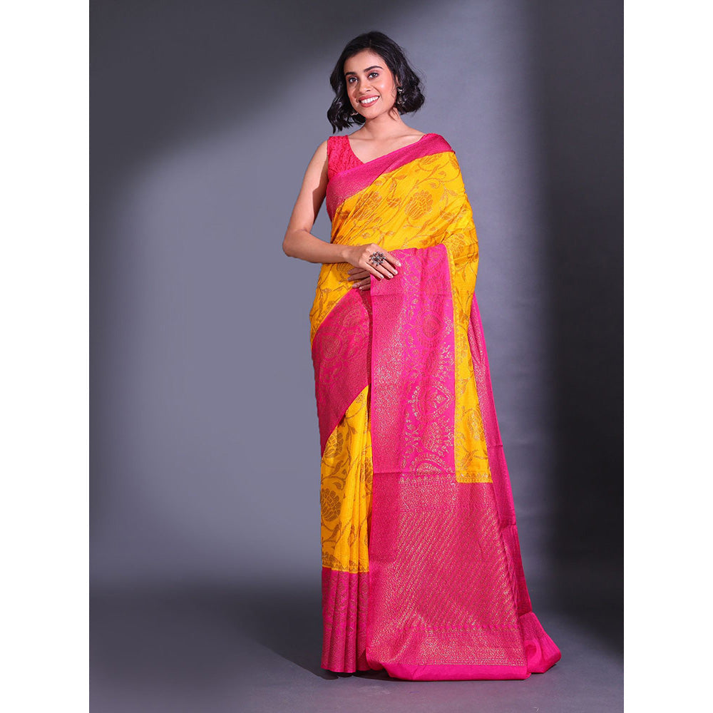 CHARUKRITI Yellow Dupion Silk Handwoven Zari Lotus Pattern Saree with Unstitched Blouse