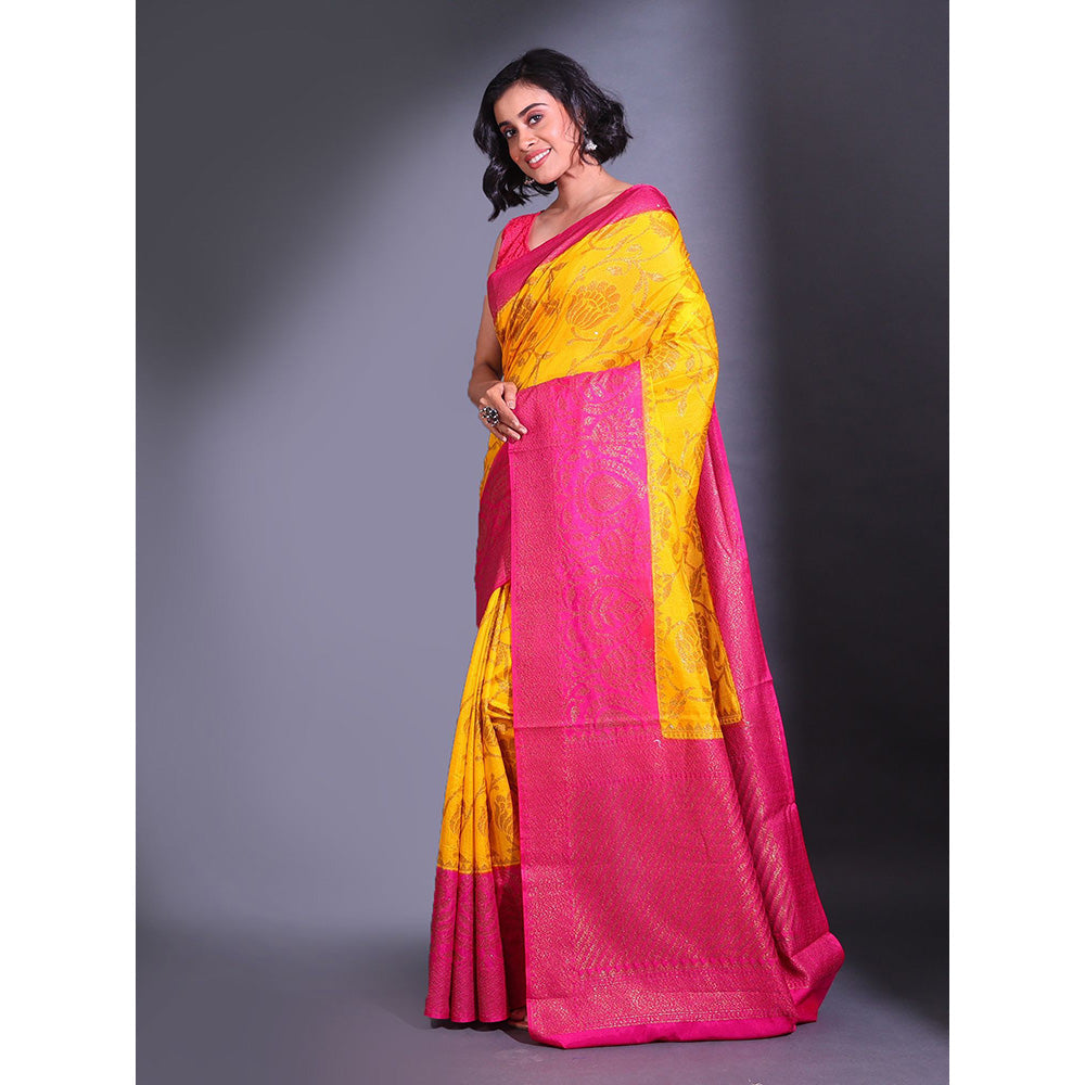 CHARUKRITI Yellow Dupion Silk Handwoven Zari Lotus Pattern Saree with Unstitched Blouse