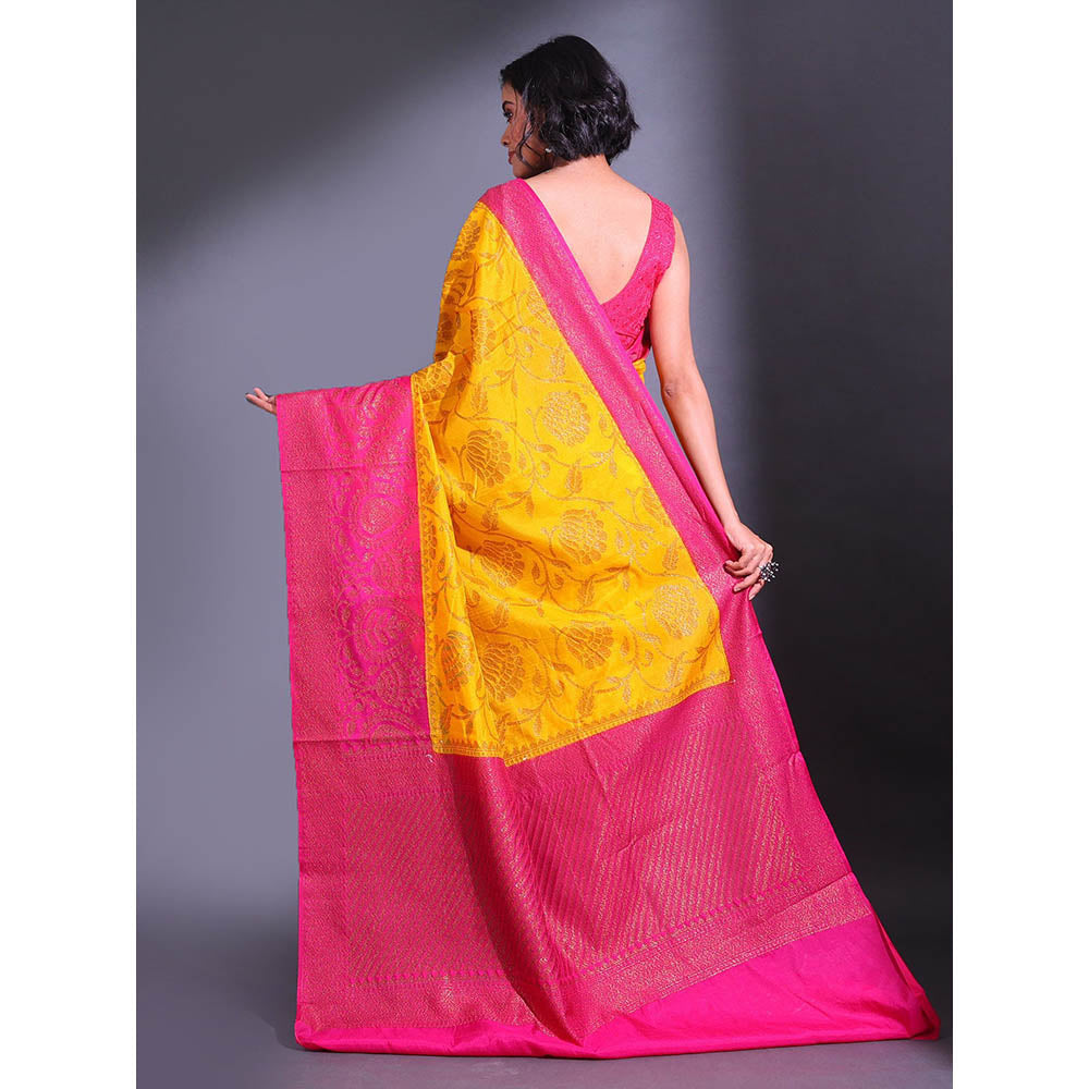 CHARUKRITI Yellow Dupion Silk Handwoven Zari Lotus Pattern Saree with Unstitched Blouse