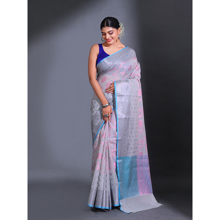 CHARUKRITI Grey Cotton Blend Handwoven Zari Nakshi Pattern Saree with Unstitched Blouse