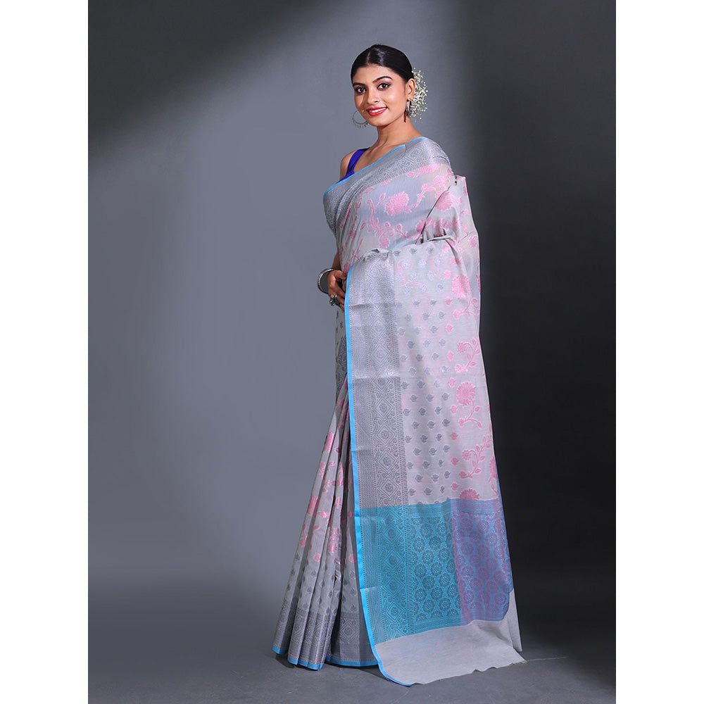 CHARUKRITI Grey Cotton Blend Handwoven Zari Nakshi Pattern Saree with Unstitched Blouse