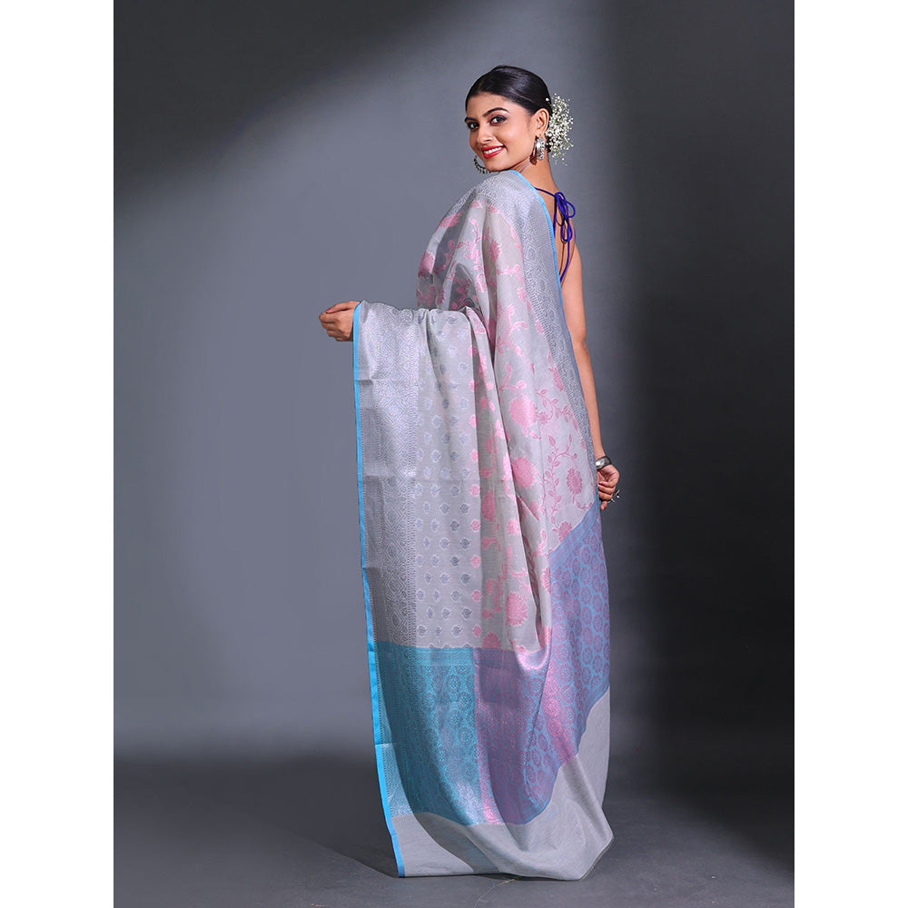 CHARUKRITI Grey Cotton Blend Handwoven Zari Nakshi Pattern Saree with Unstitched Blouse