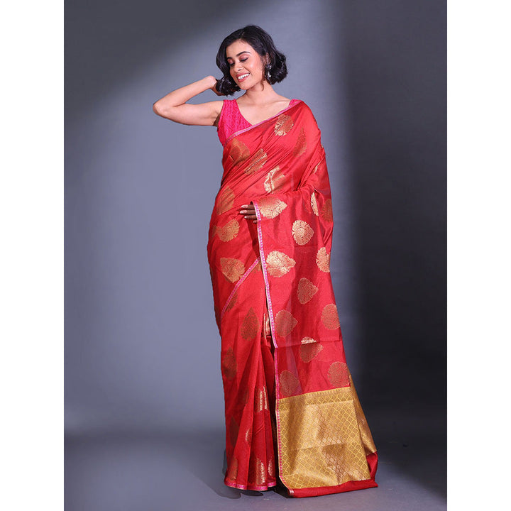 CHARUKRITI Charry Red Cotton Handwoven Damask Motifs and Texture Pallu Saree with Unstitched Blouse