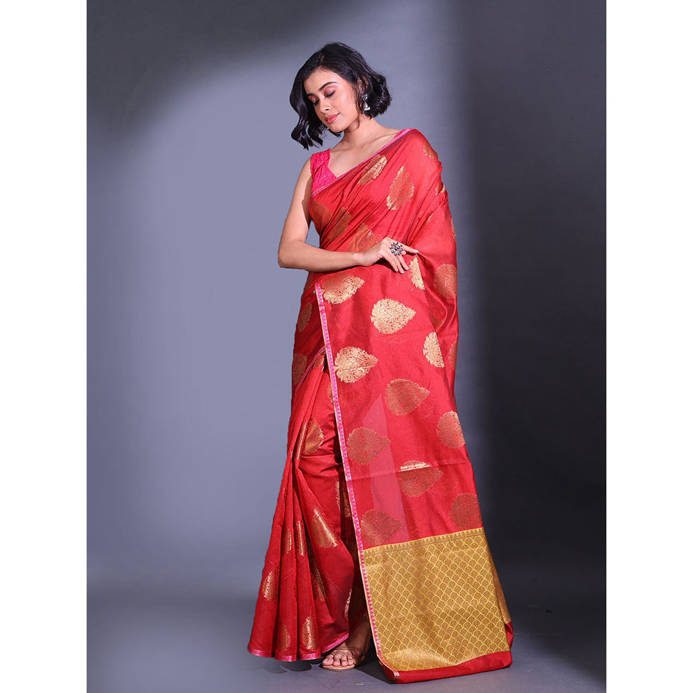 CHARUKRITI Charry Red Cotton Handwoven Damask Motifs and Texture Pallu Saree with Unstitched Blouse