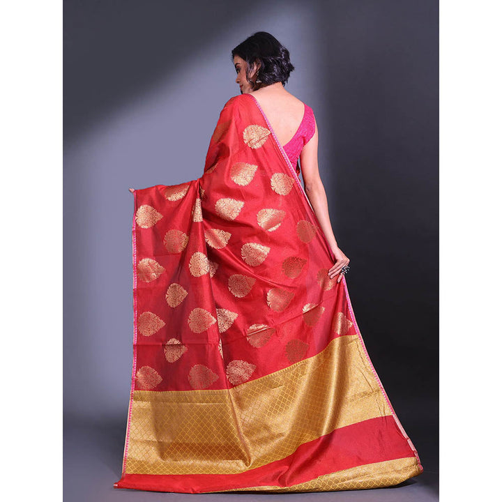 CHARUKRITI Charry Red Cotton Handwoven Damask Motifs and Texture Pallu Saree with Unstitched Blouse