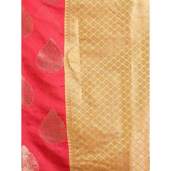 CHARUKRITI Charry Red Cotton Handwoven Damask Motifs and Texture Pallu Saree with Unstitched Blouse